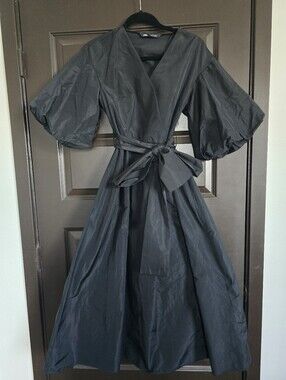 Zara Black Maxi Wrap Dress with Puff Sleeves